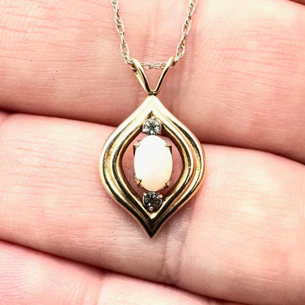 Womens Necklace 14K Gold Opal Diamond Pendant